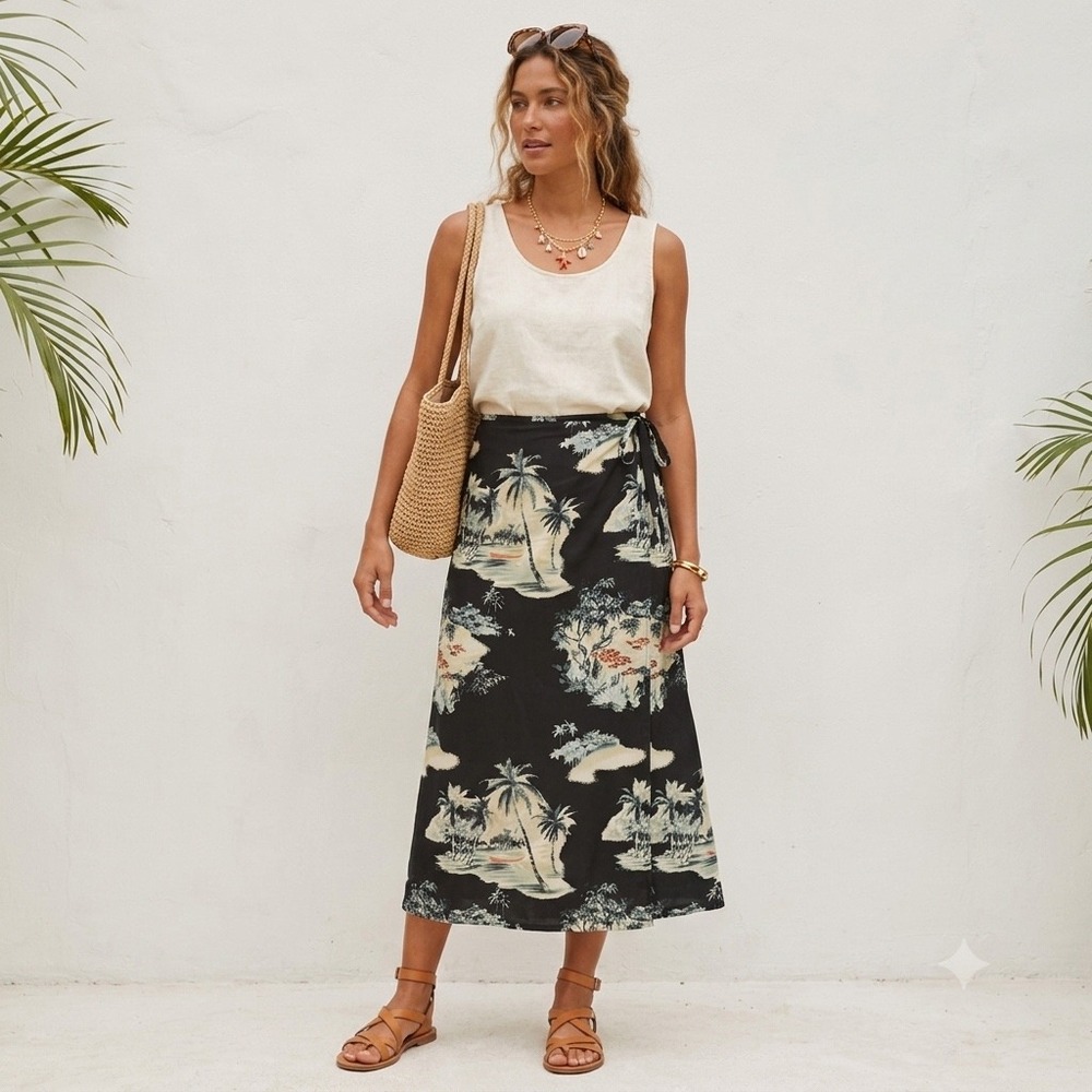 Tommy Bahama 100% Silk Tropical Palm Tree Wrap Maxi‎ Skirt Black Women Size 12